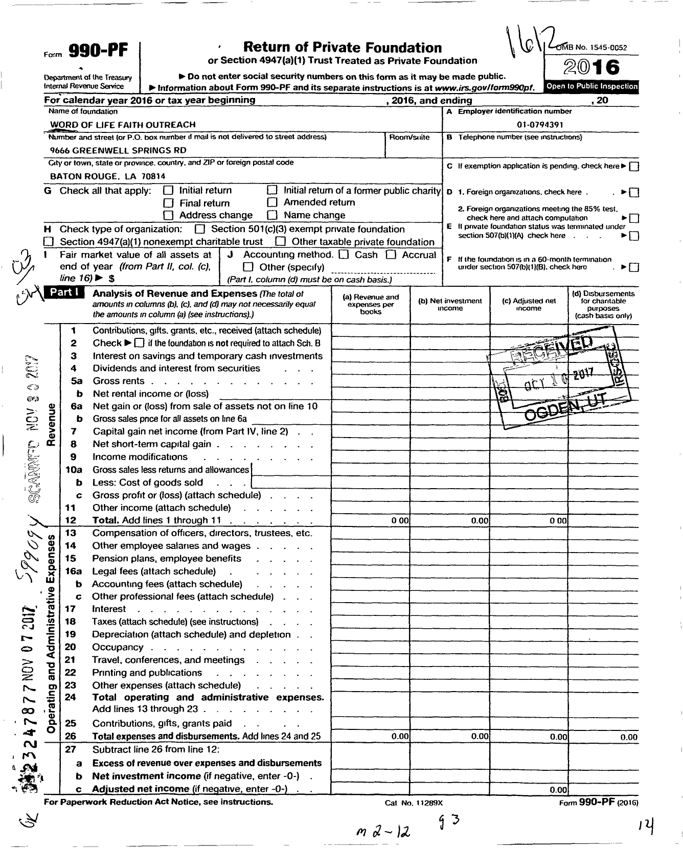 Image of first page of 2016 Form 990PF for Word of Life Faith Outreach