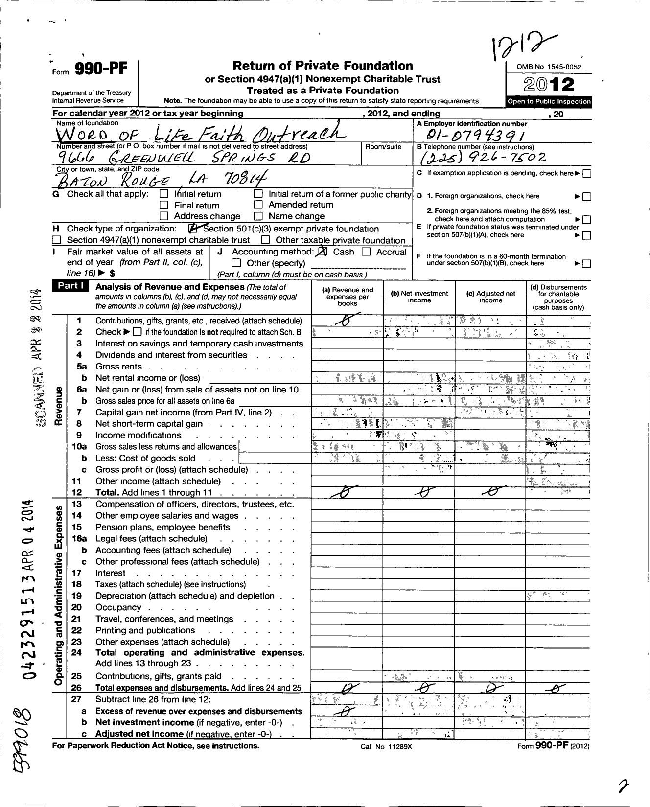 Image of first page of 2012 Form 990PF for Word of Life Faith Outreach