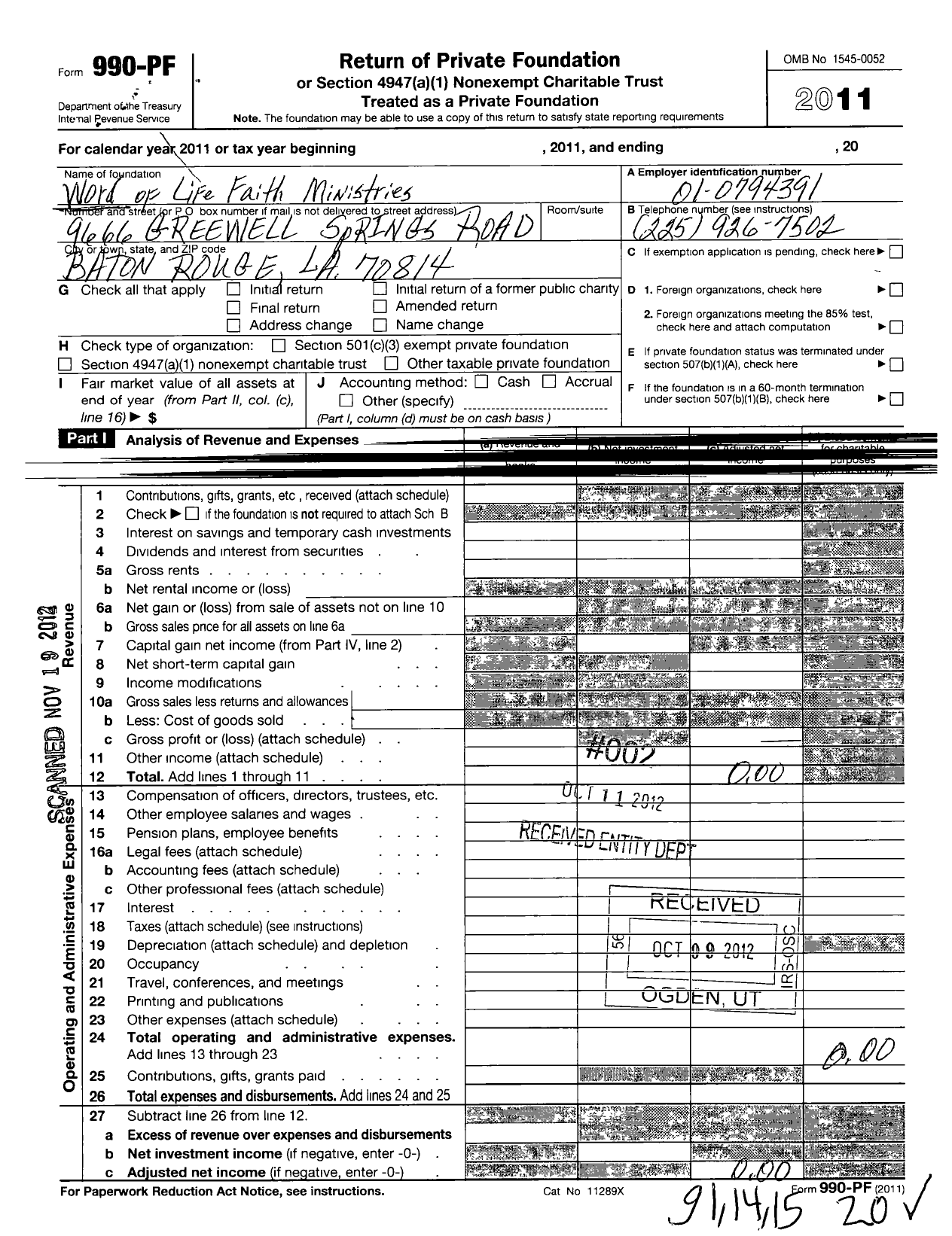 Image of first page of 2011 Form 990PF for Word of Life Faith Outreach