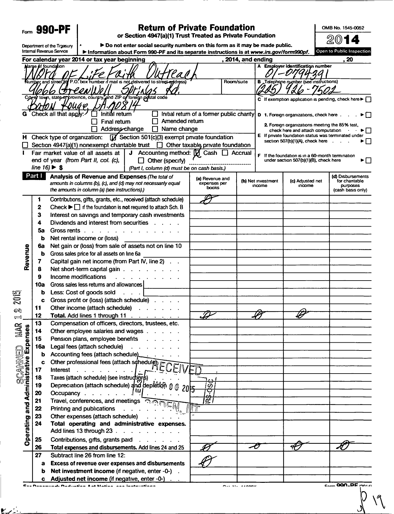 Image of first page of 2014 Form 990PF for Word of Life Faith Outreach