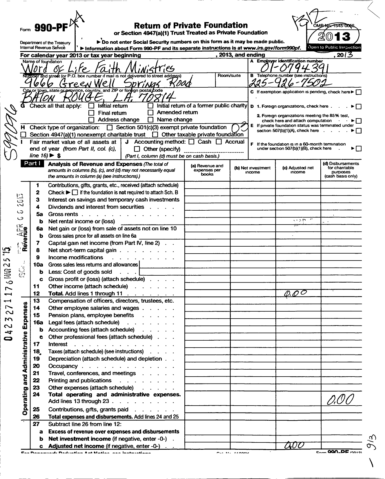 Image of first page of 2013 Form 990PF for Word of Life Faith Outreach