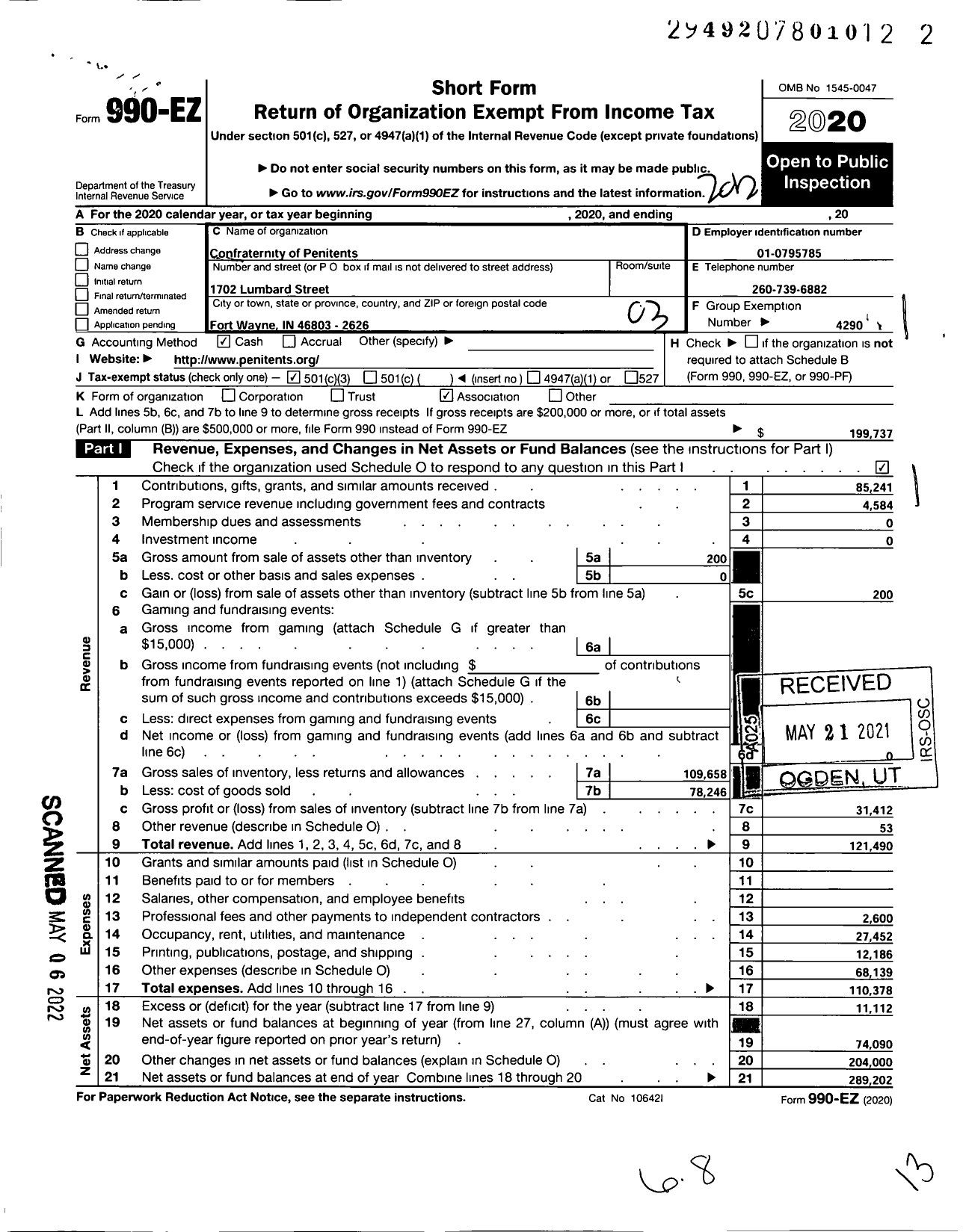 Image of first page of 2020 Form 990EZ for Confraternity of Penitents