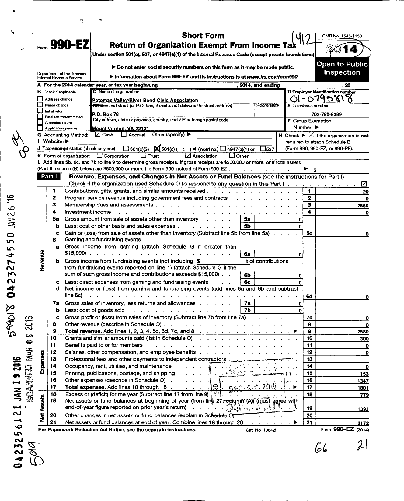 Image of first page of 2014 Form 990EO for Potomac Valley-Riverbend Civic Association