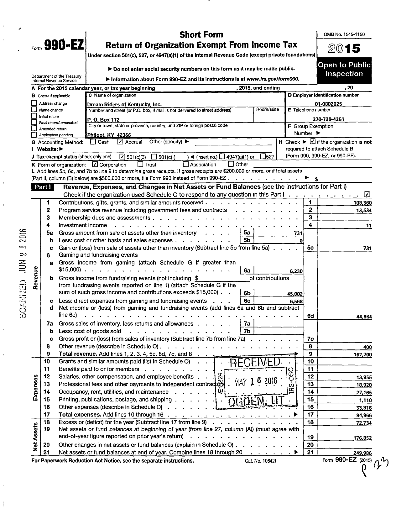 Image of first page of 2015 Form 990EZ for Dream Riders of Kentucky