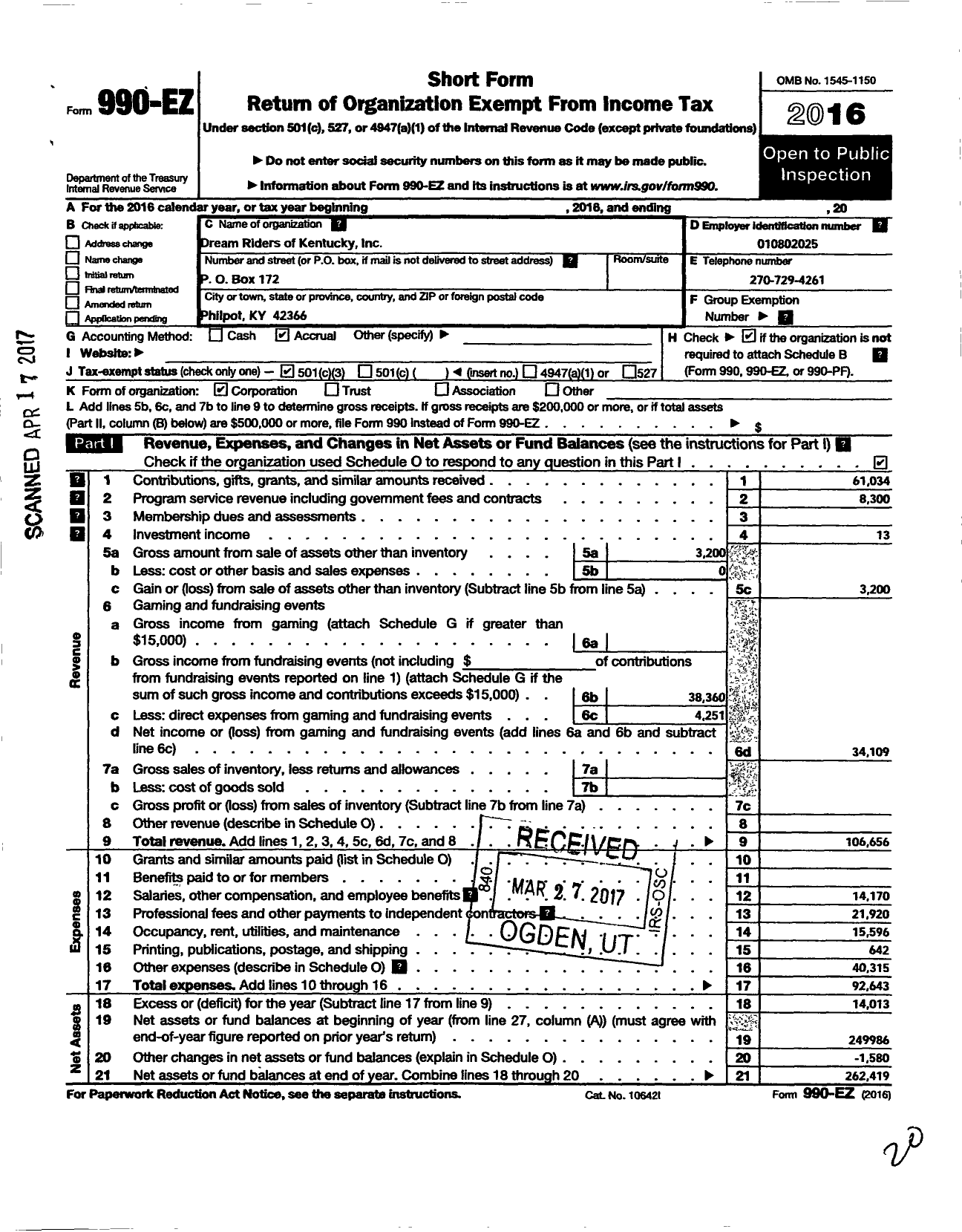 Image of first page of 2016 Form 990EZ for Dream Riders of Kentucky