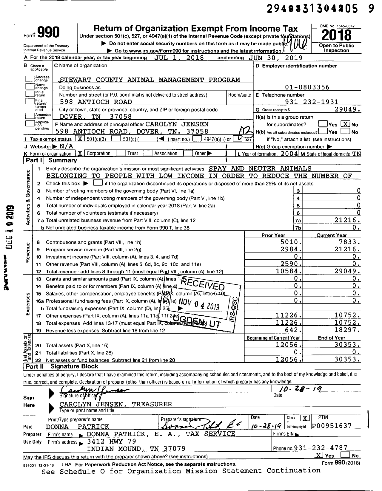 Image of first page of 2018 Form 990 for Stewart County Animal Management Program