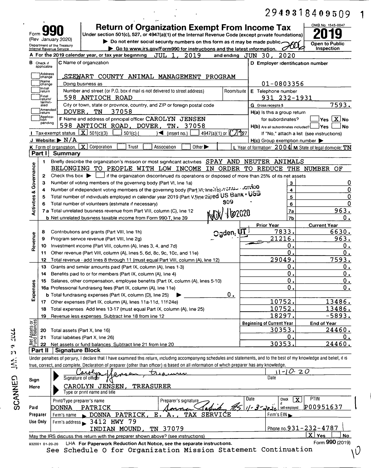 Image of first page of 2019 Form 990 for Stewart County Animal Management Program