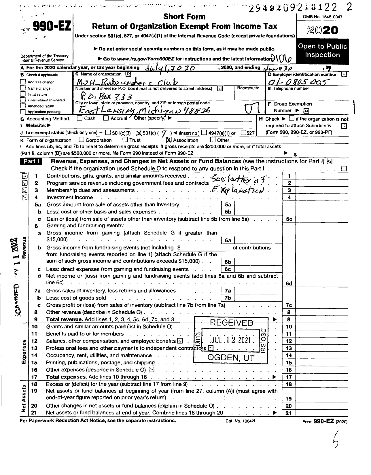 Image of first page of 2020 Form 990EO for MSU Rebounders Club