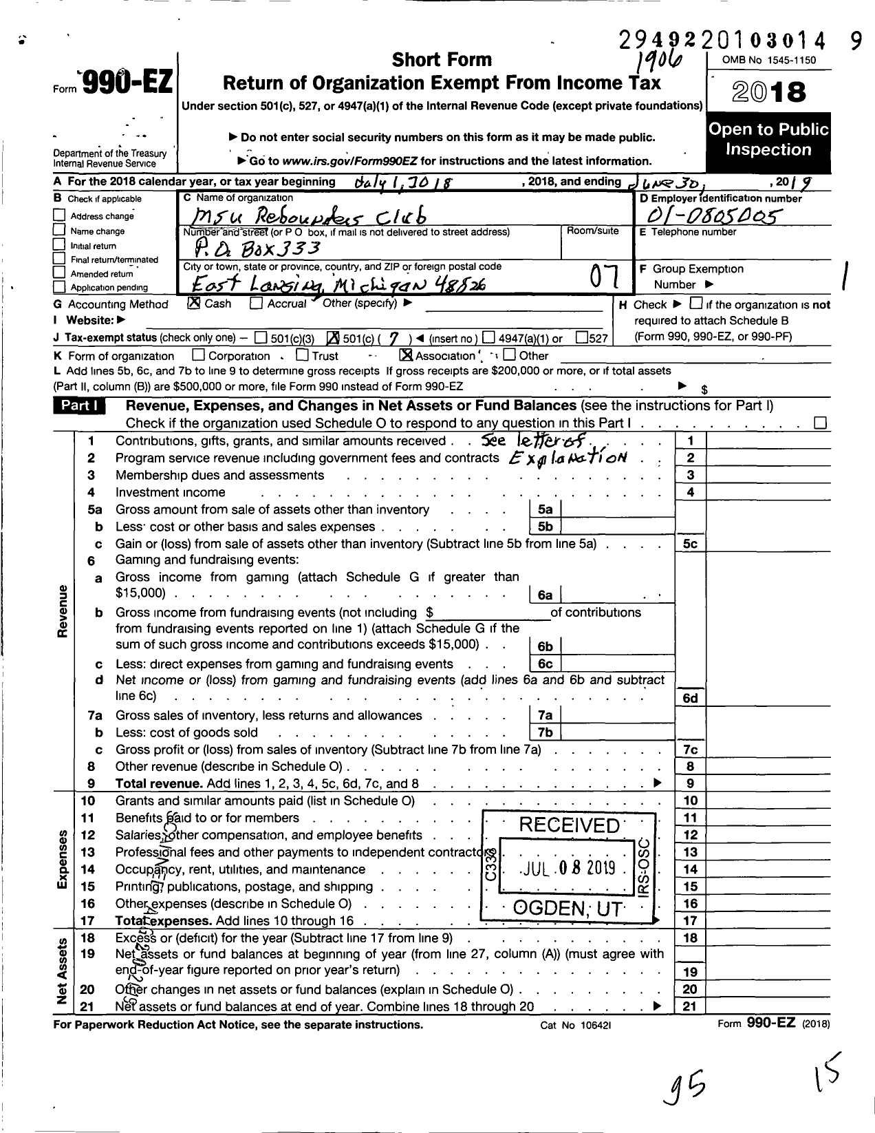 Image of first page of 2018 Form 990EO for MSU Rebounders Club