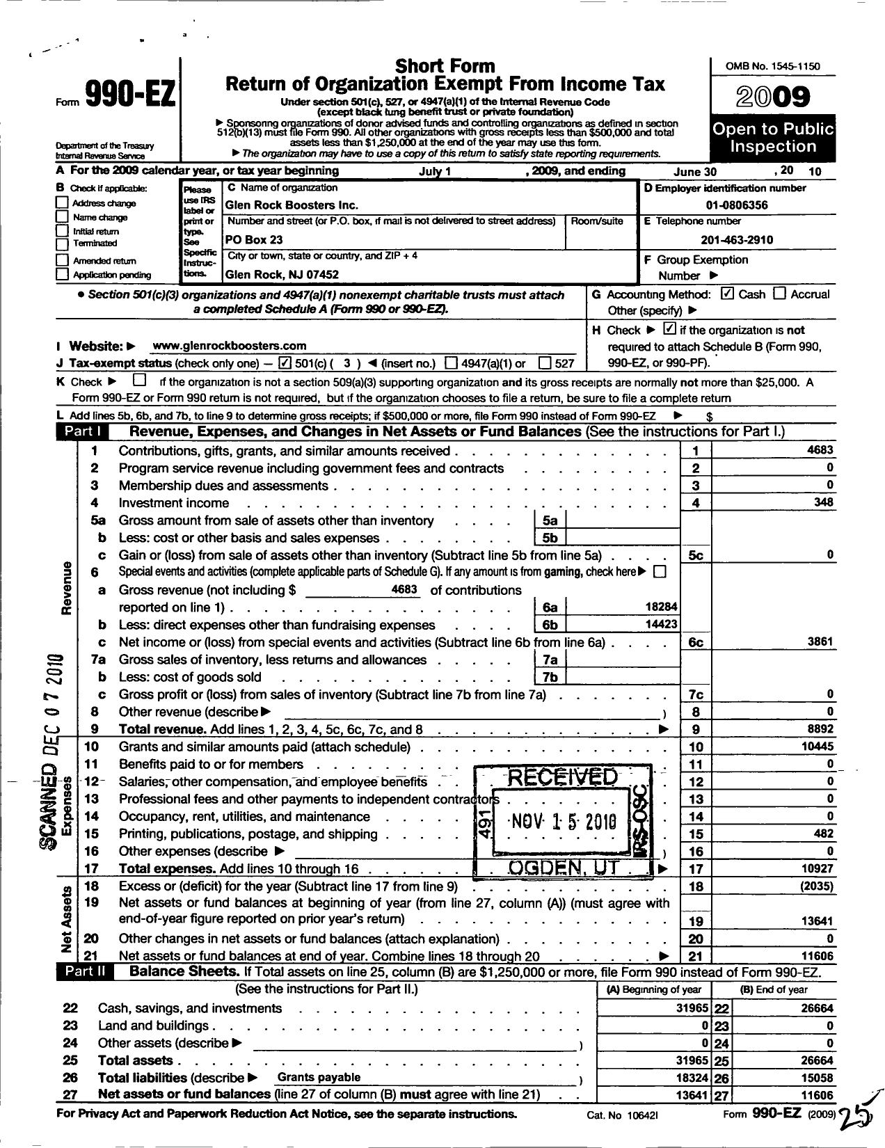 Image of first page of 2009 Form 990EZ for Glen Rock Booster