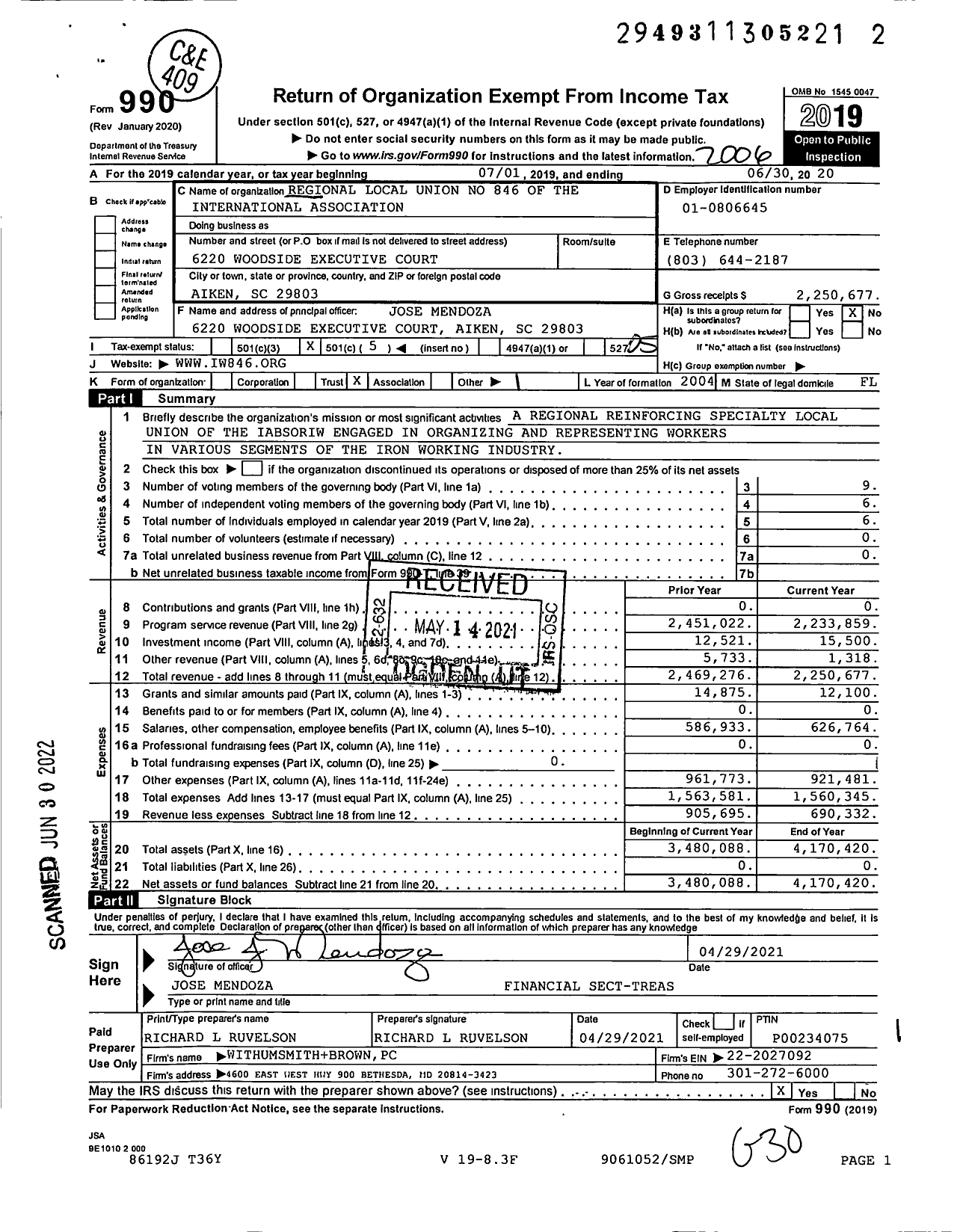 Image of first page of 2019 Form 990O for Regional Ironworkers Reinforcing Local Union No. 846