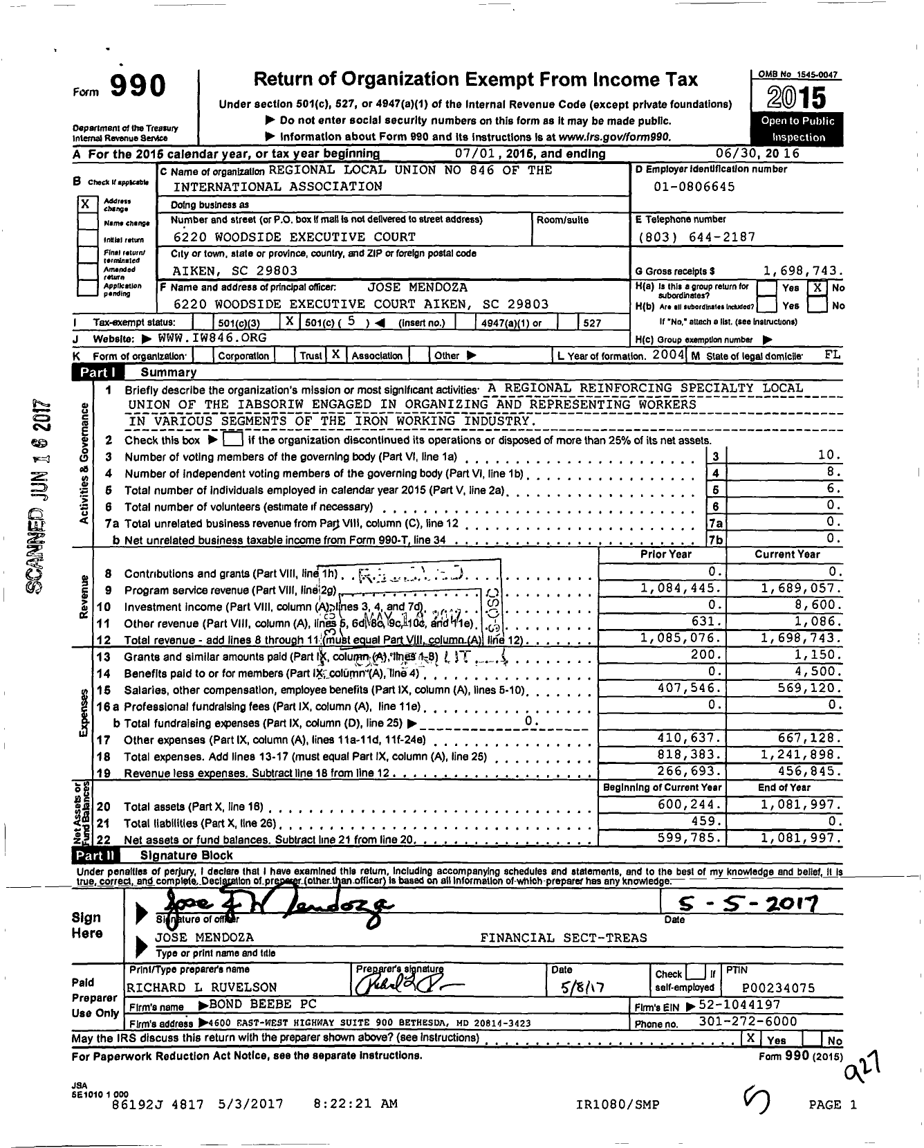 Image of first page of 2015 Form 990O for Regional Ironworkers Reinforcing Local Union No. 846
