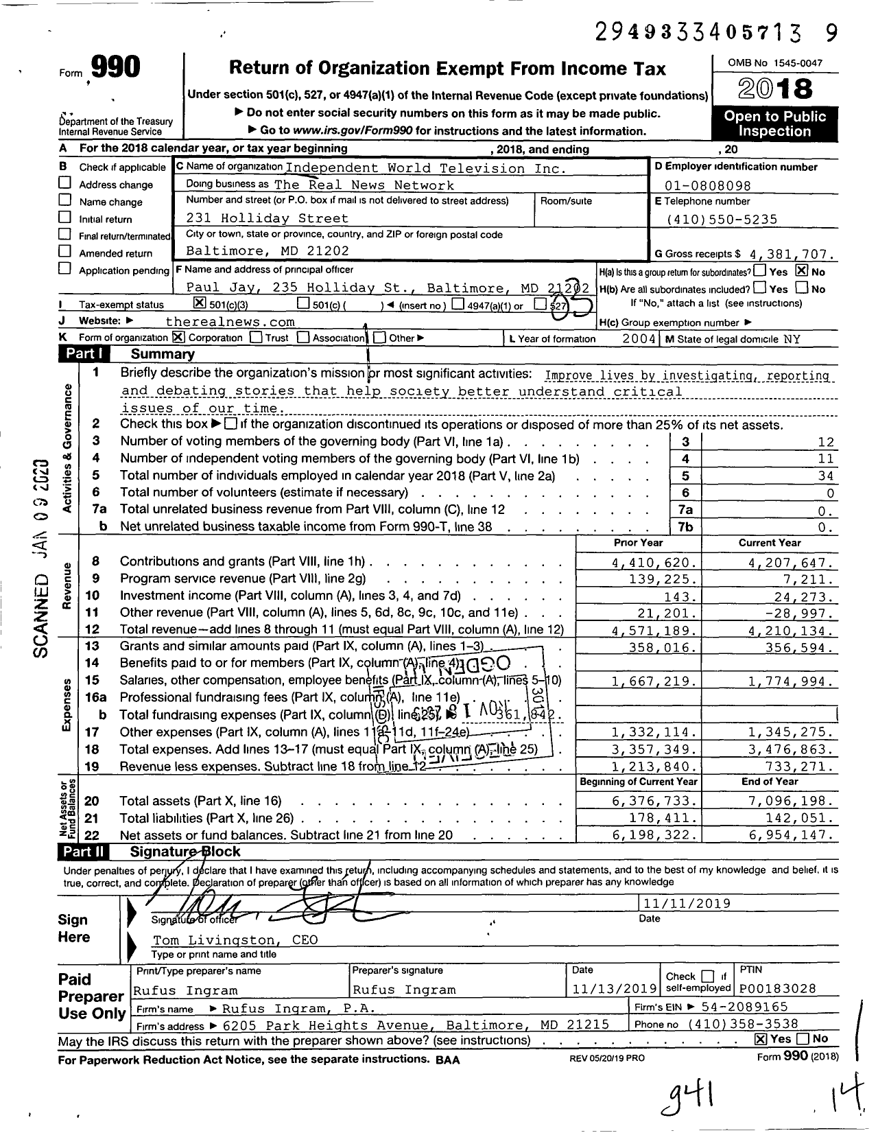 Image of first page of 2018 Form 990 for The Real News Network (TRNN)