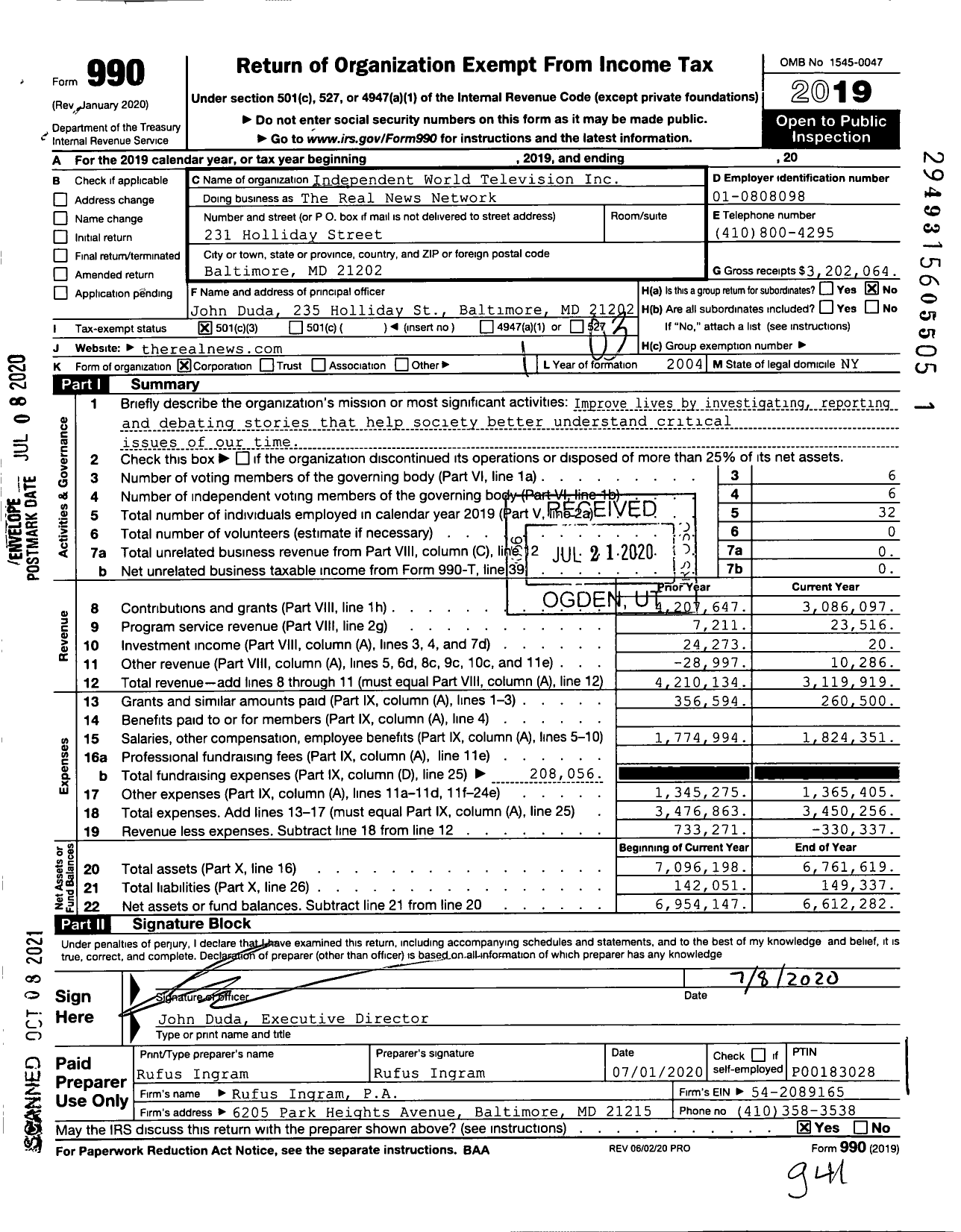 Image of first page of 2019 Form 990 for The Real News Network (TRNN)