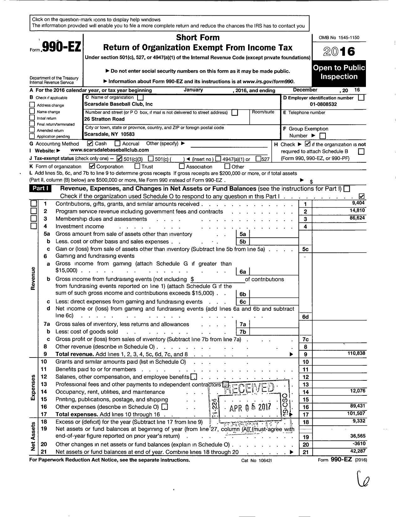 Image of first page of 2016 Form 990EZ for Scarsdale Baseball Club