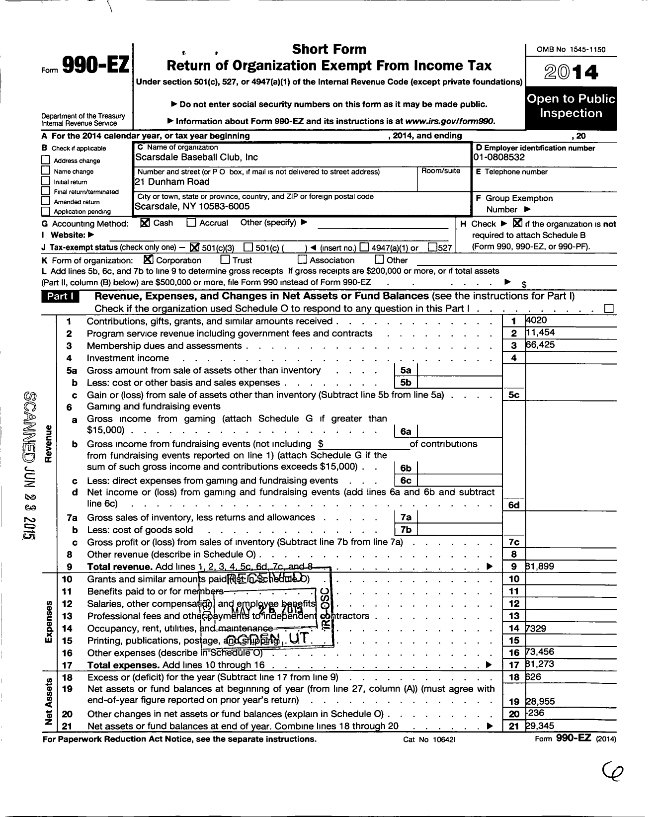 Image of first page of 2014 Form 990EZ for Scarsdale Baseball Club