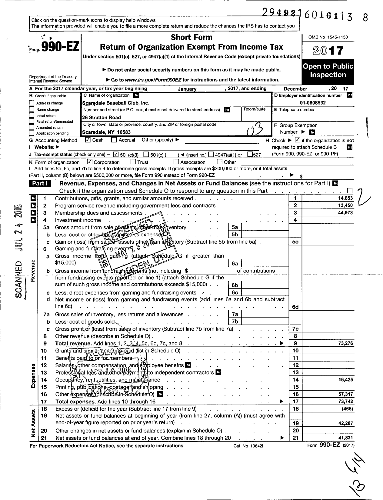 Image of first page of 2017 Form 990EZ for Scarsdale Baseball Club