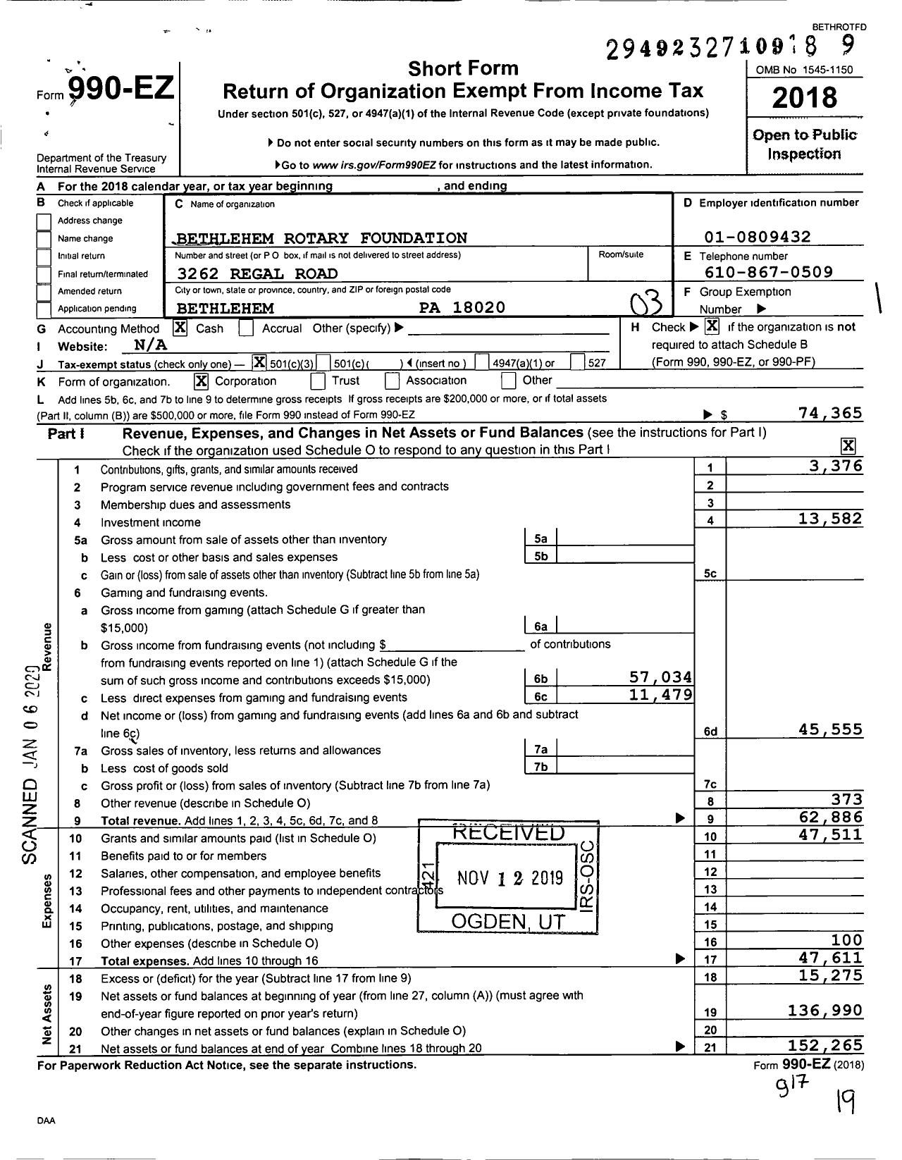 Image of first page of 2018 Form 990EZ for Bethlehem Rotary Foundation