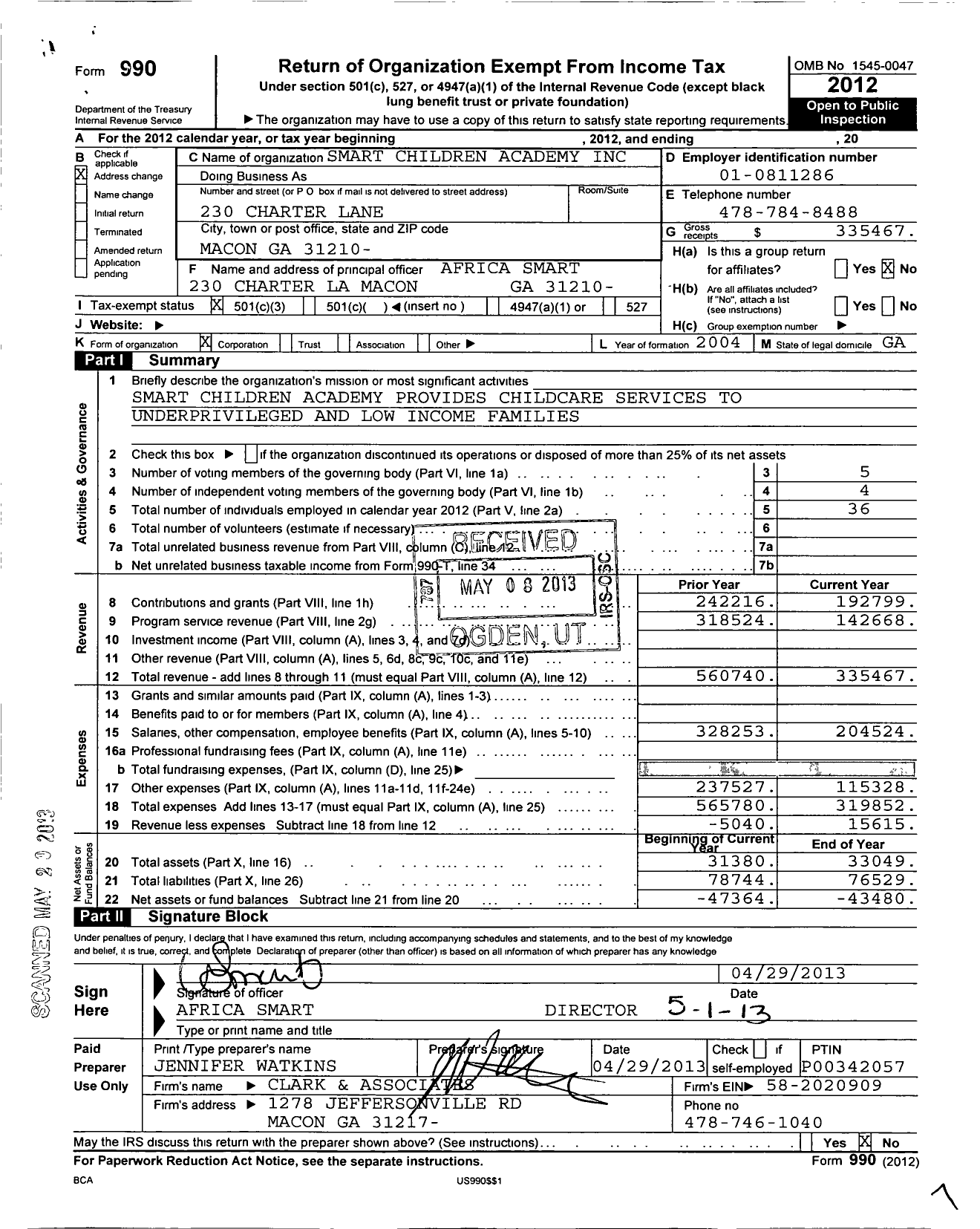 Image of first page of 2012 Form 990 for Smart Children Academy