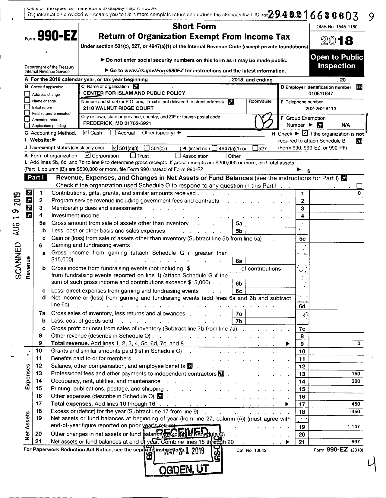 Image of first page of 2018 Form 990EZ for Center for Islam and Public Policy