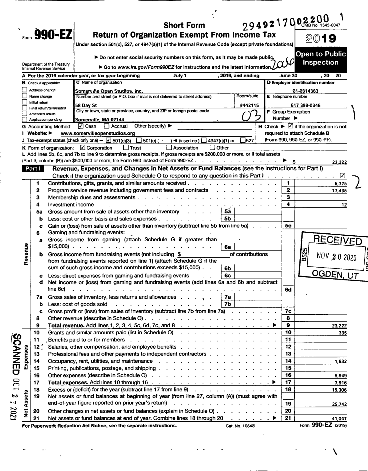 Image of first page of 2019 Form 990EZ for Somerville Open Studios