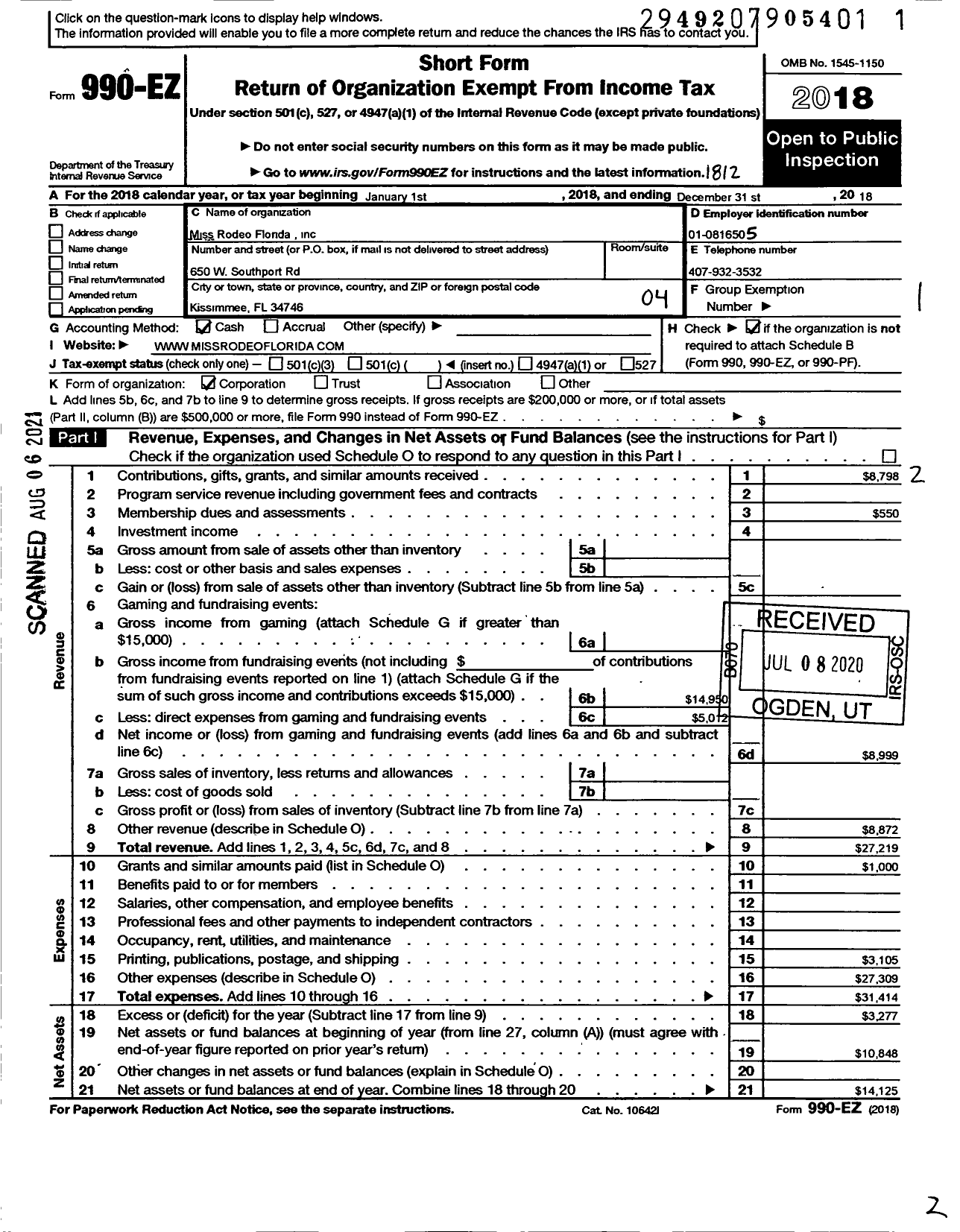 Image of first page of 2018 Form 990EO for Miss Rodeo Florida Association