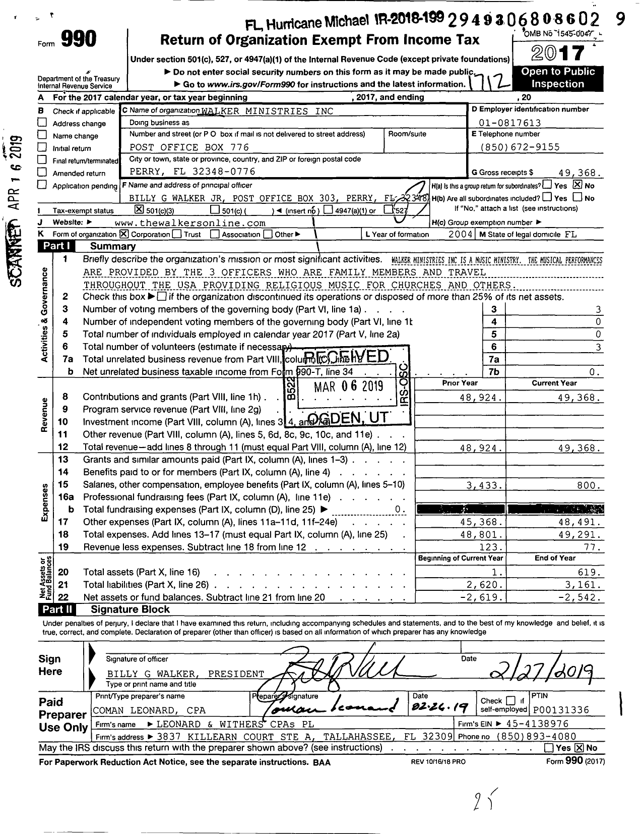 Image of first page of 2017 Form 990 for Walker Ministries / Billy G Walker JR