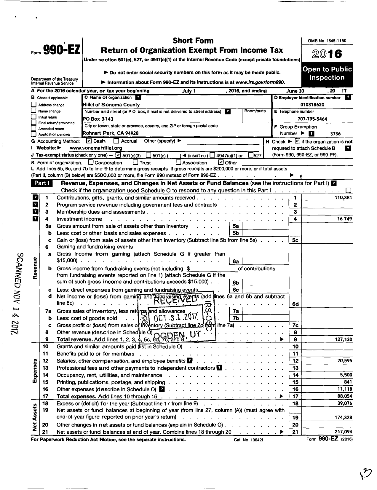 Image of first page of 2016 Form 990EZ for Hillel of Sonoma County