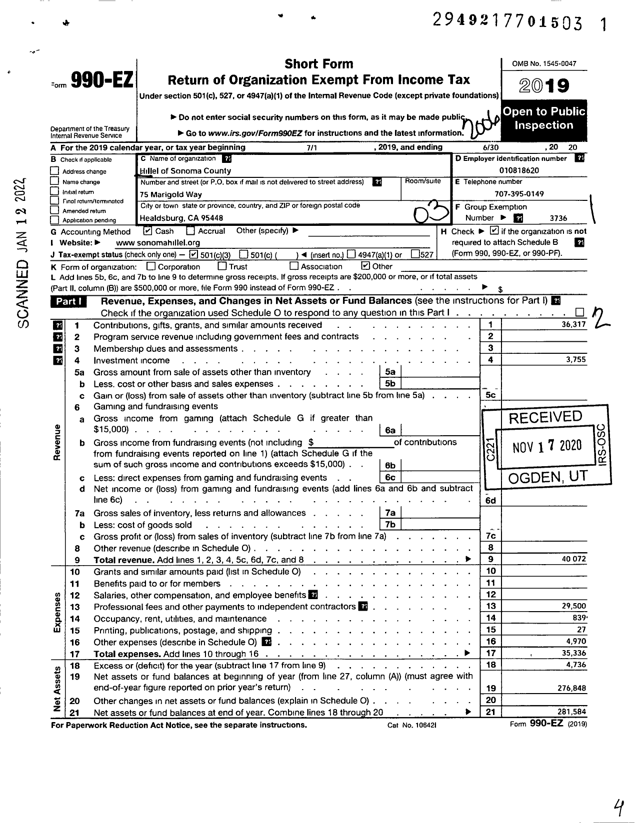 Image of first page of 2019 Form 990EZ for Hillel of Sonoma County