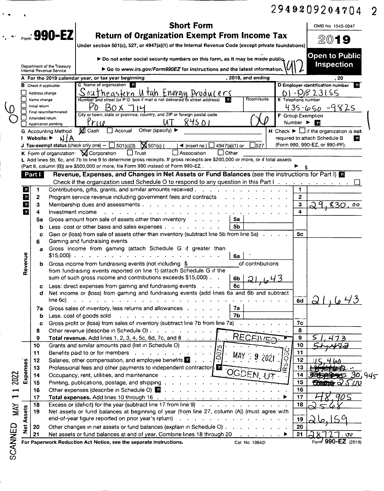 Image of first page of 2019 Form 990EO for Southeastern Utah Energy Producers