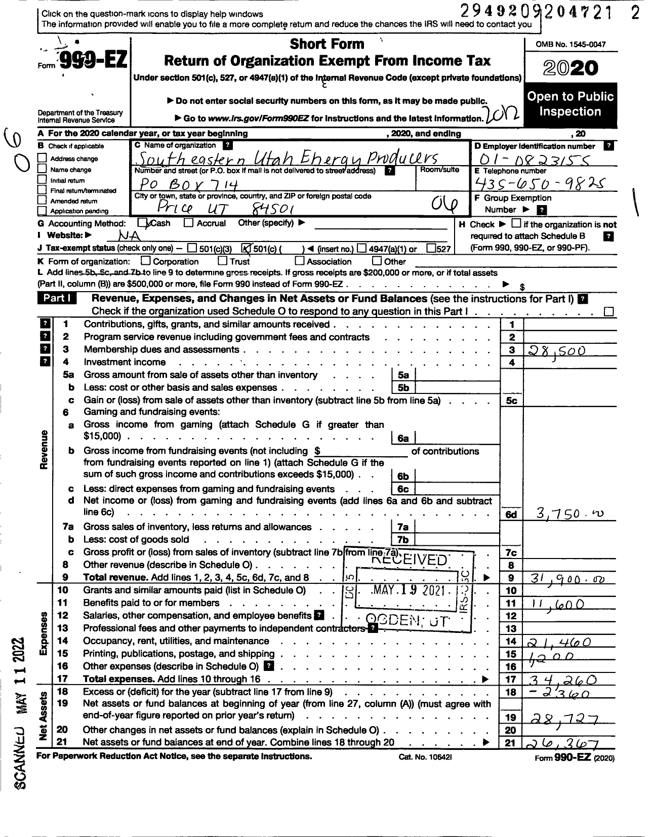 Image of first page of 2020 Form 990EO for Southeastern Utah Energy Producers