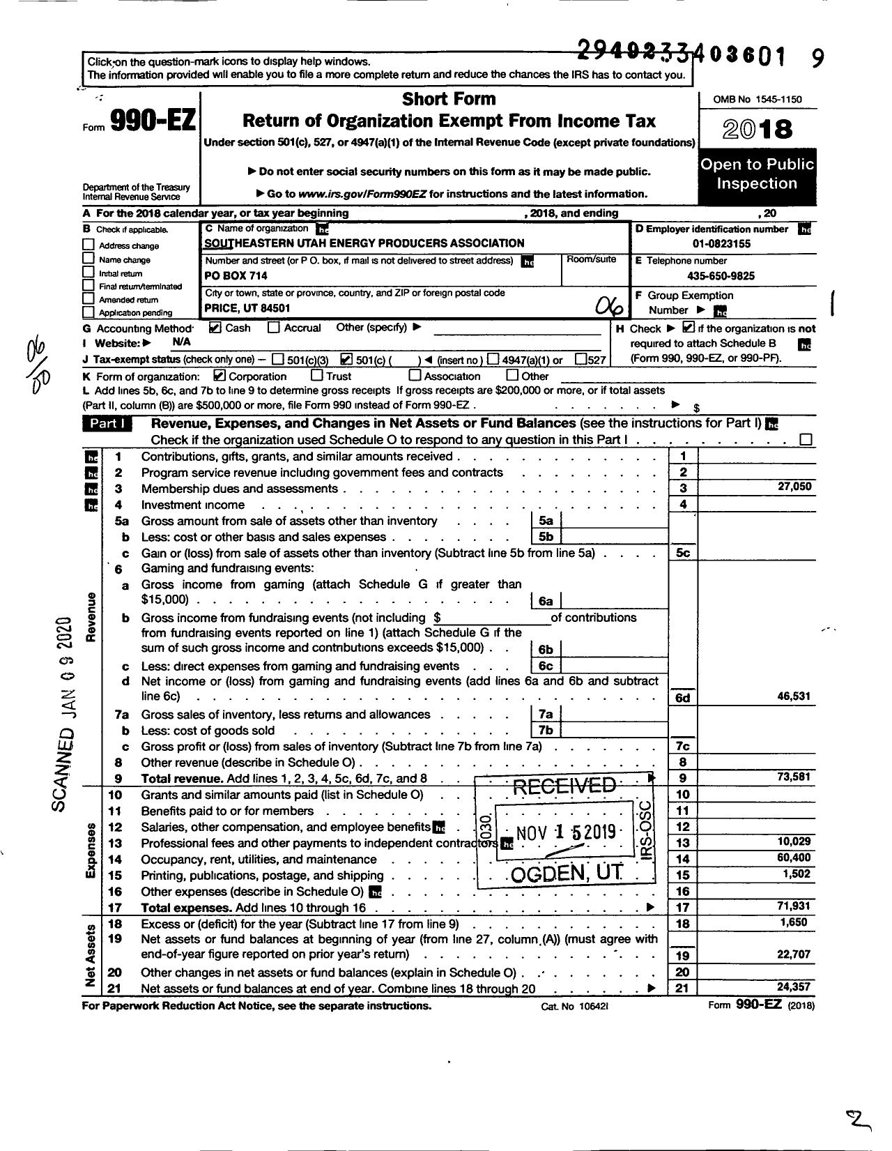 Image of first page of 2018 Form 990EO for Southeastern Utah Energy Producers