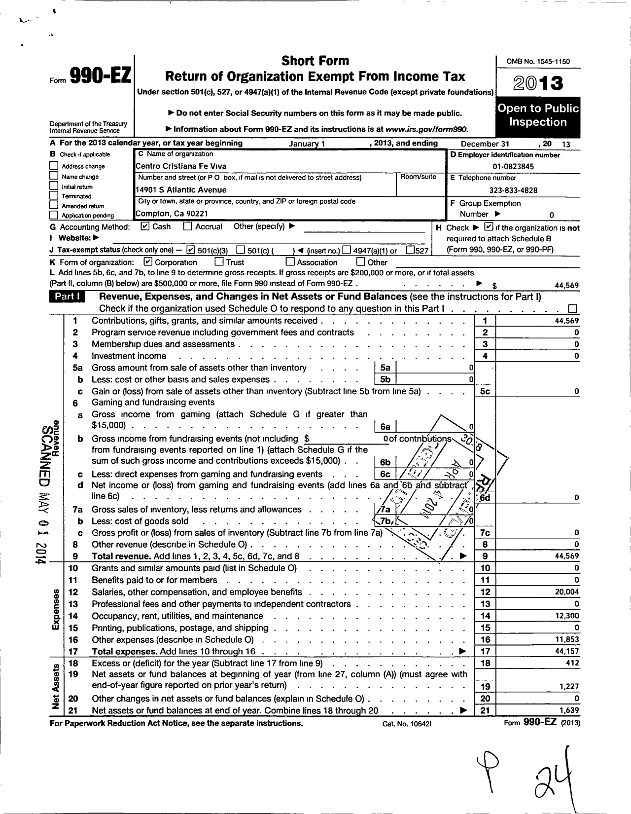 Image of first page of 2013 Form 990EZ for Centro Cristiano Fe Viva