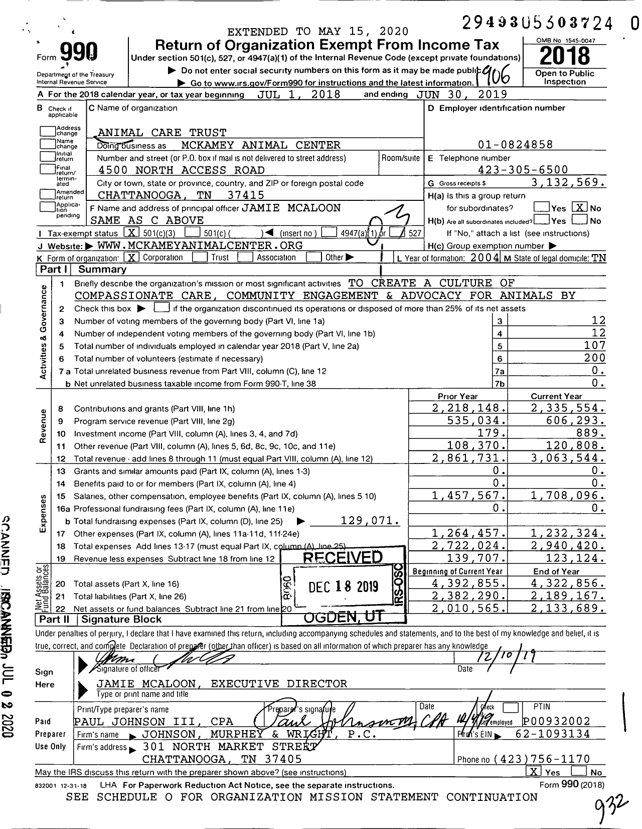 Image of first page of 2018 Form 990 for Mckamey Animal Center