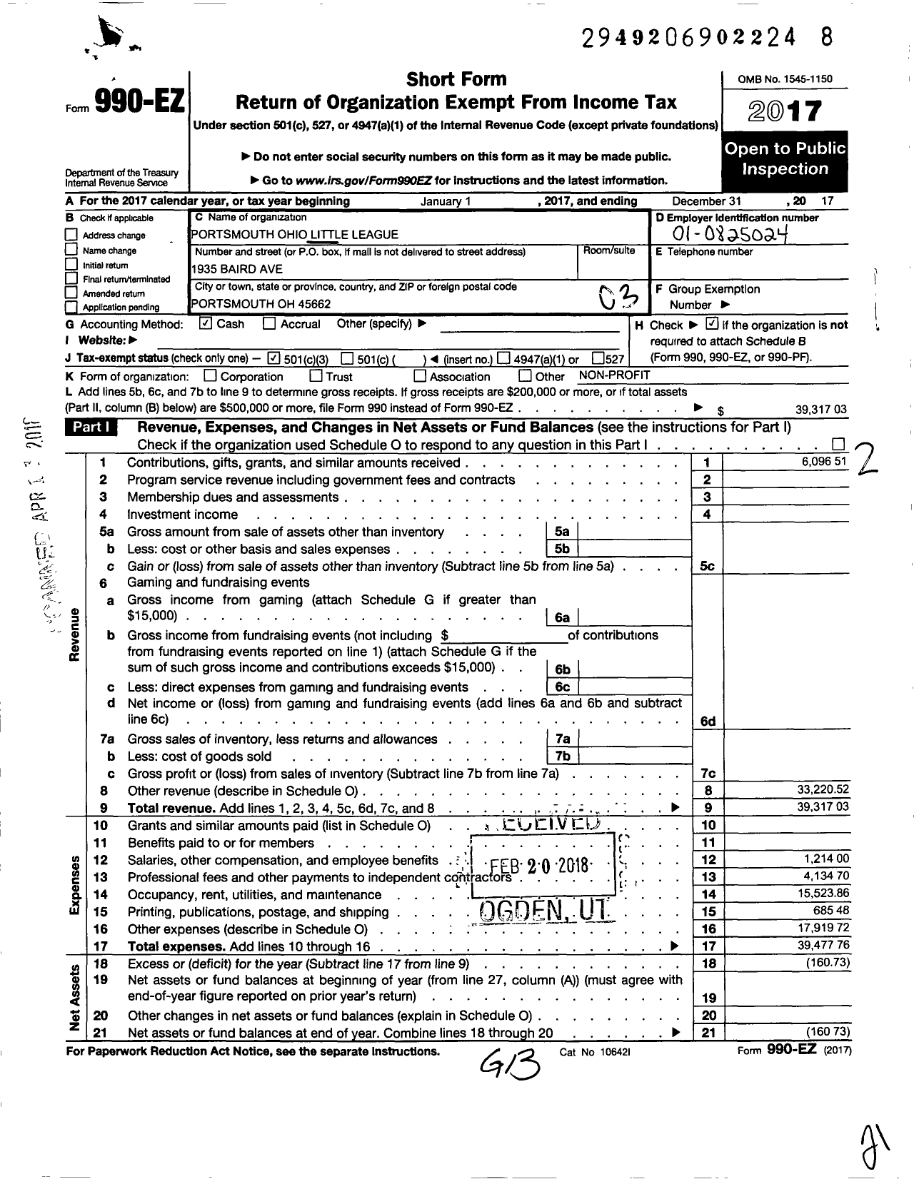 Image of first page of 2017 Form 990EZ for Little League Baseball - 1351110 Portsmouth LL