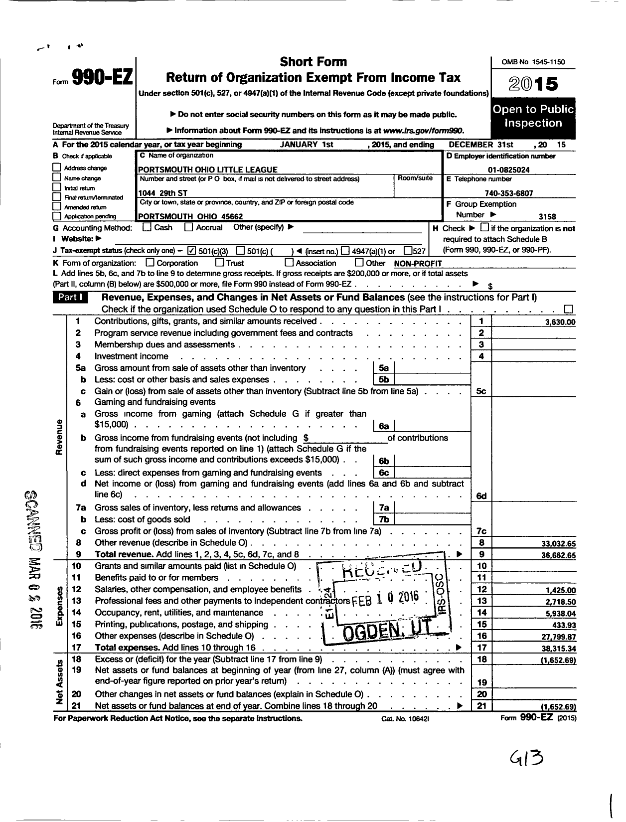 Image of first page of 2015 Form 990EZ for Little League Baseball - 1351110 Portsmouth LL