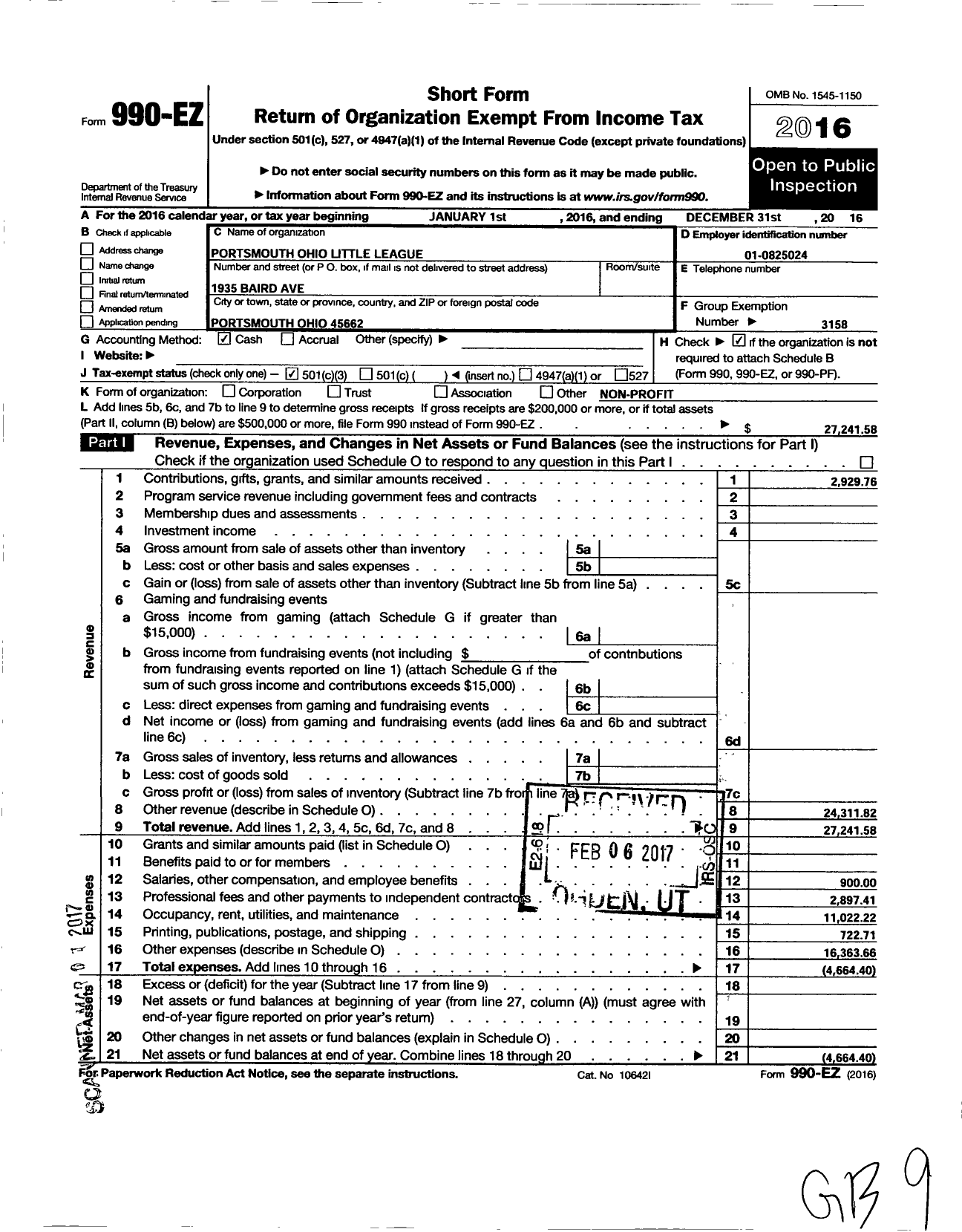 Image of first page of 2016 Form 990EZ for Little League Baseball - 1351110 Portsmouth LL