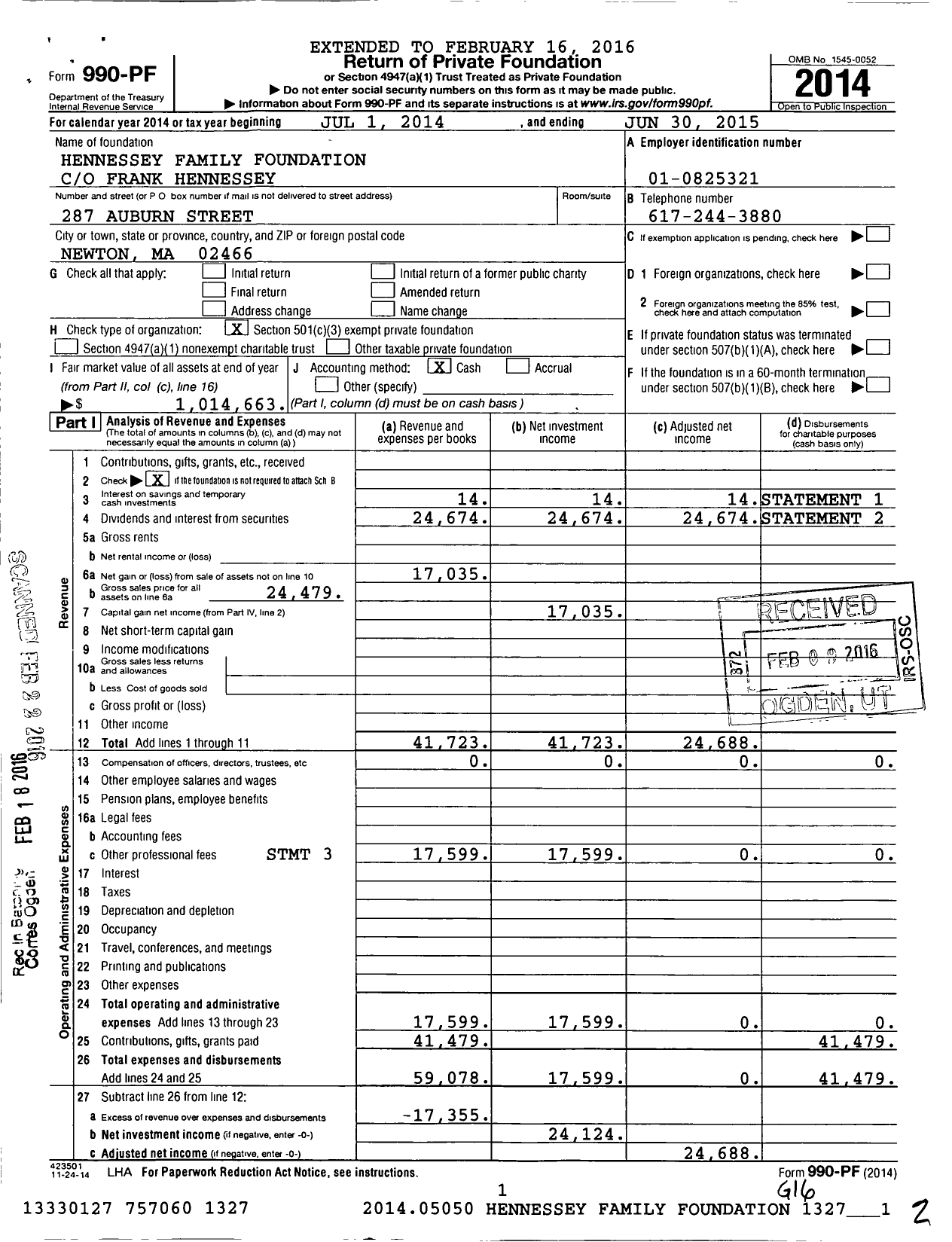 Image of first page of 2014 Form 990PF for Hennessey Family Foundation