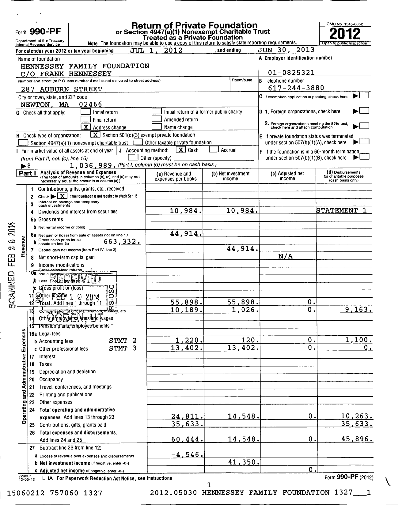 Image of first page of 2012 Form 990PF for Hennessey Family Foundation