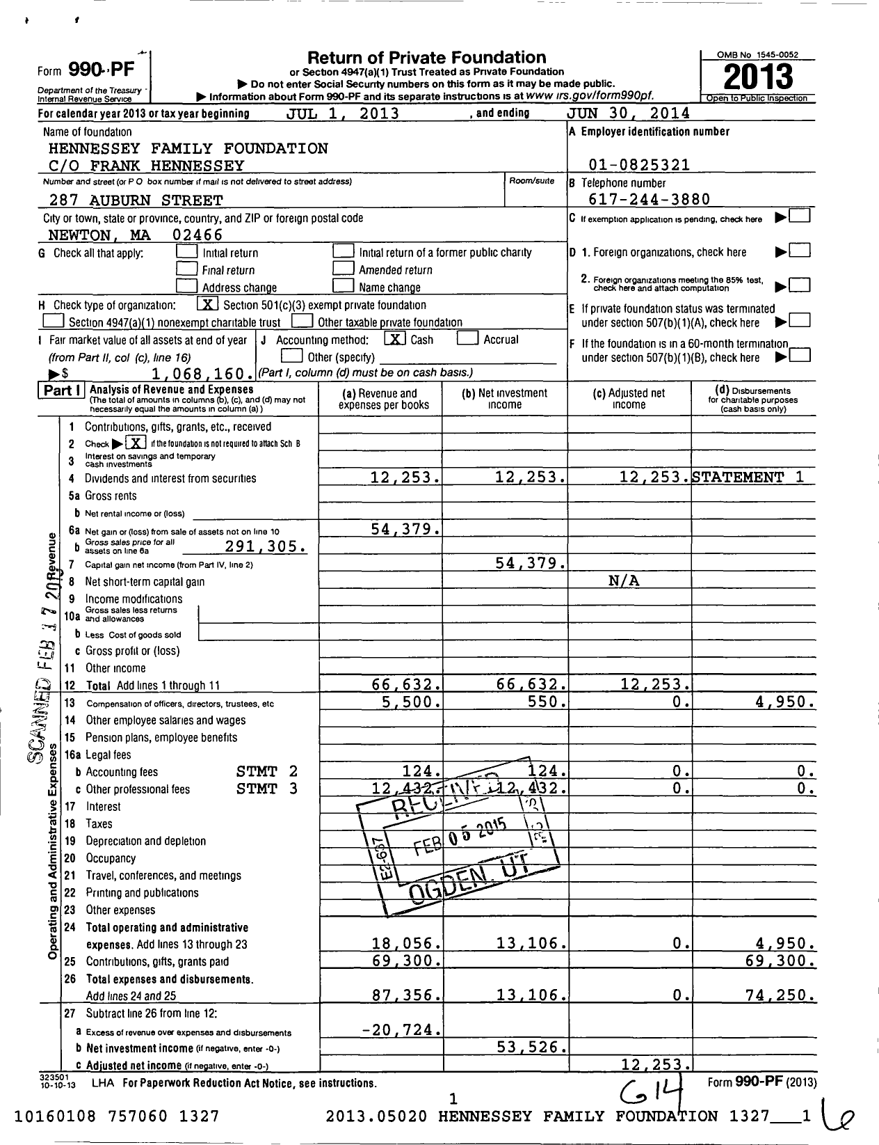 Image of first page of 2013 Form 990PF for Hennessey Family Foundation