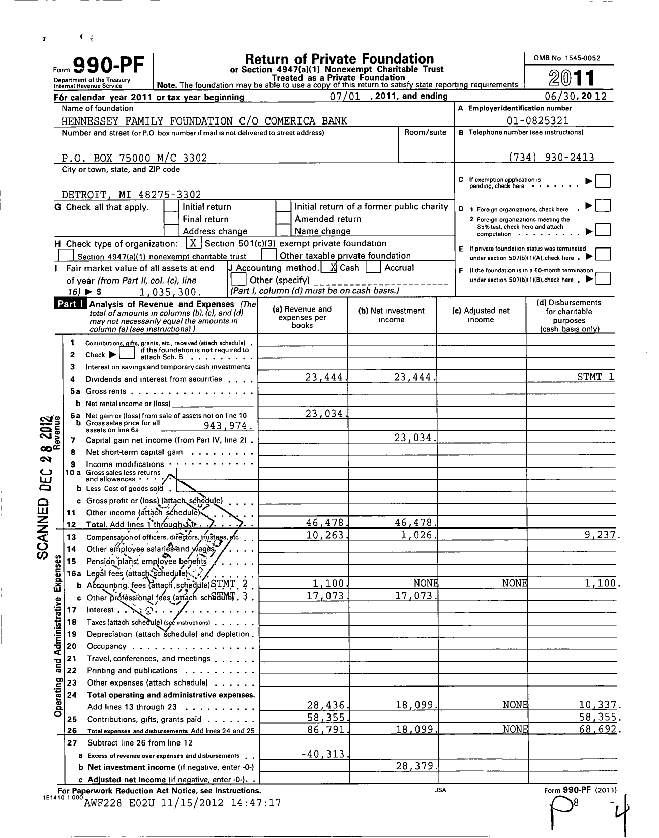 Image of first page of 2011 Form 990PF for Hennessey Family Foundation