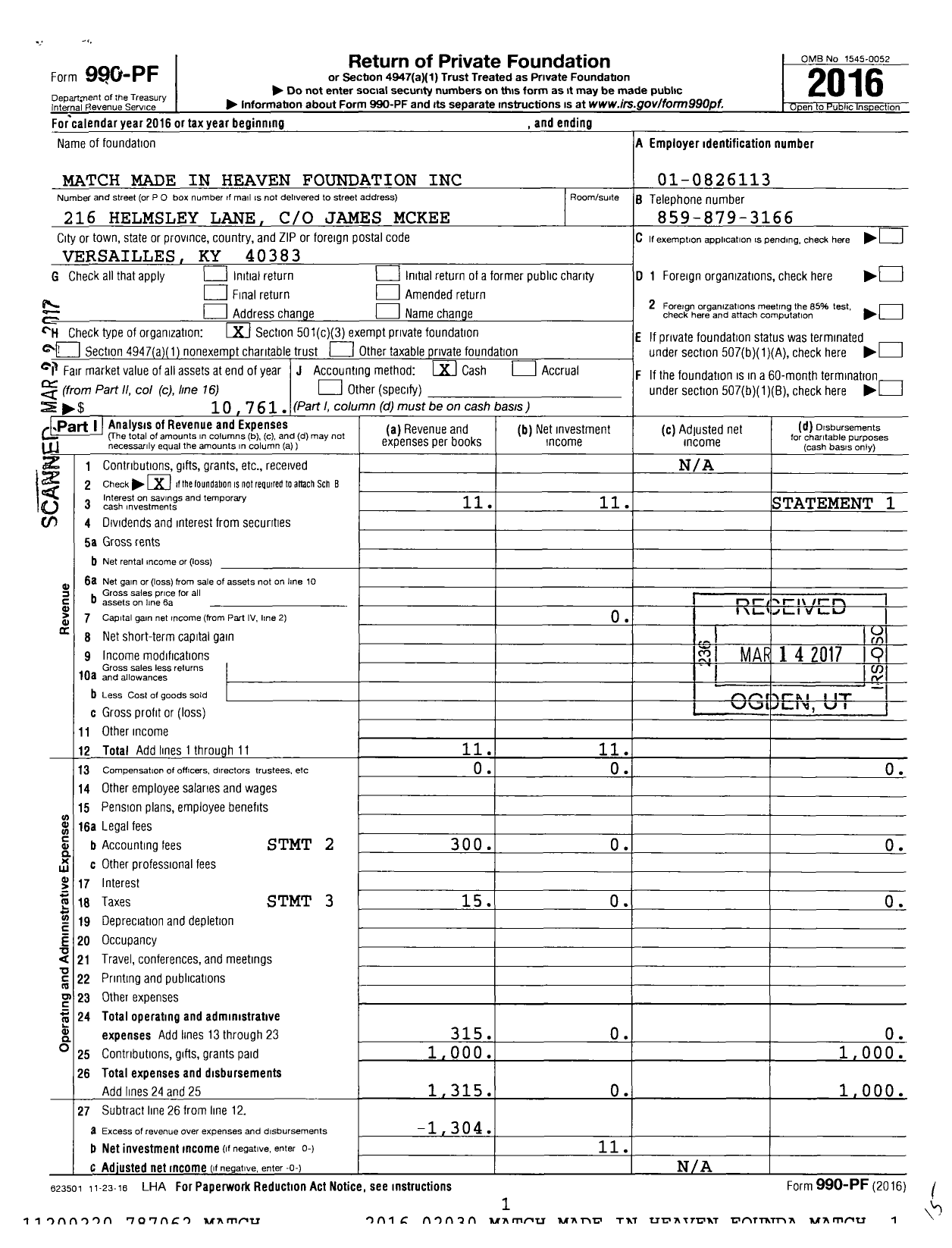 Image of first page of 2016 Form 990PF for Match Made in Heaven Foundation