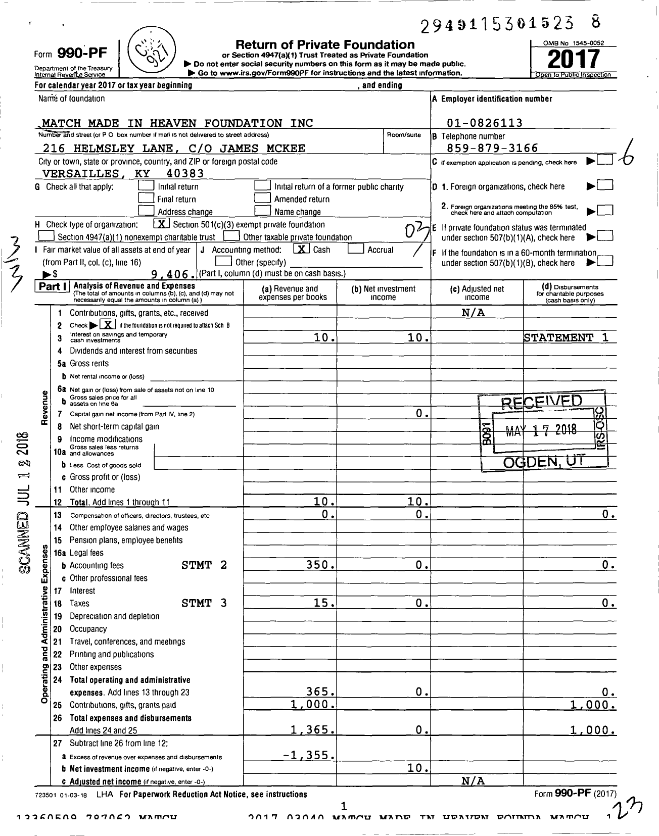 Image of first page of 2017 Form 990PF for Match Made in Heaven Foundation