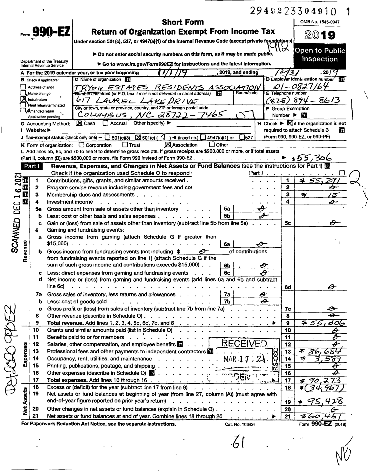 Image of first page of 2019 Form 990EO for Tryon Estates Residents Association