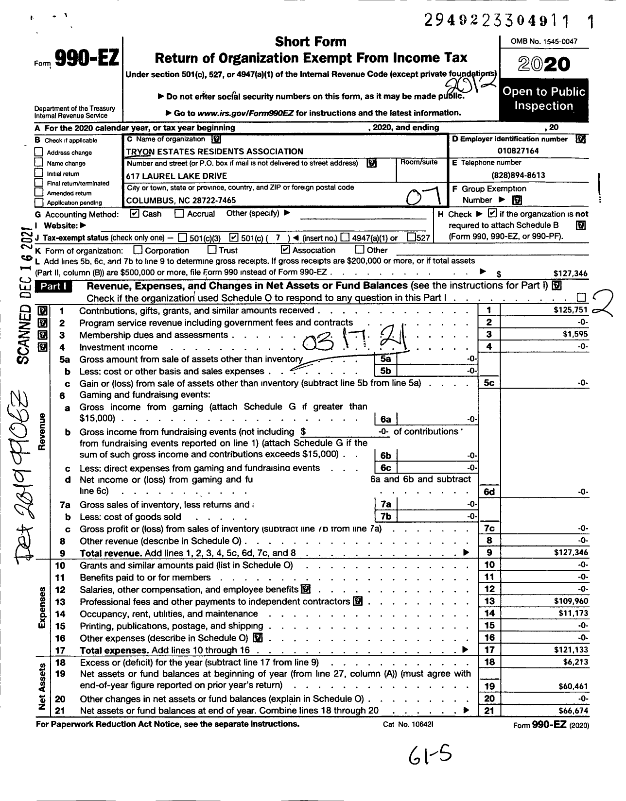 Image of first page of 2020 Form 990EO for Tryon Estates Residents Association