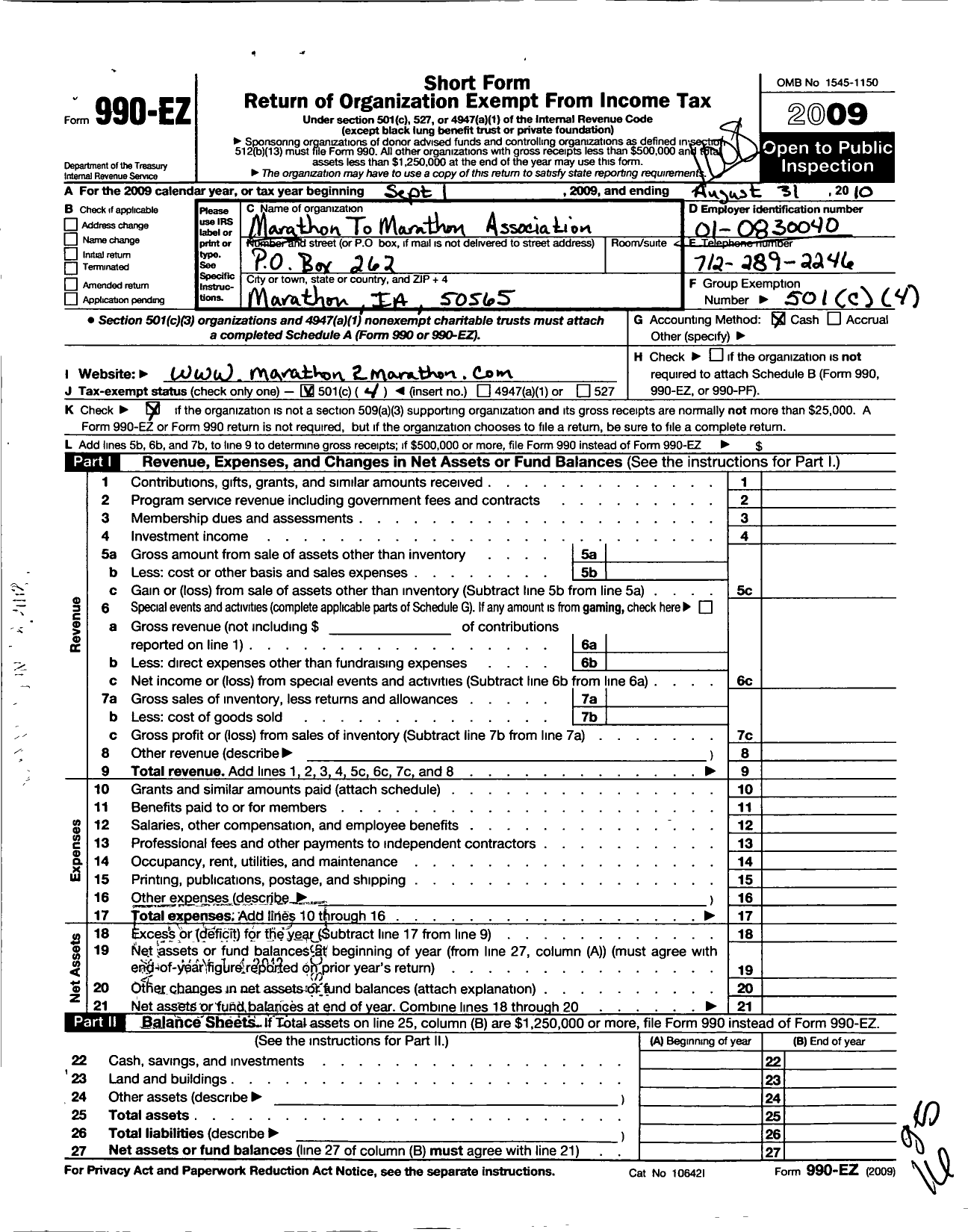 Image of first page of 2009 Form 990EO for Marathon To Marathon Association