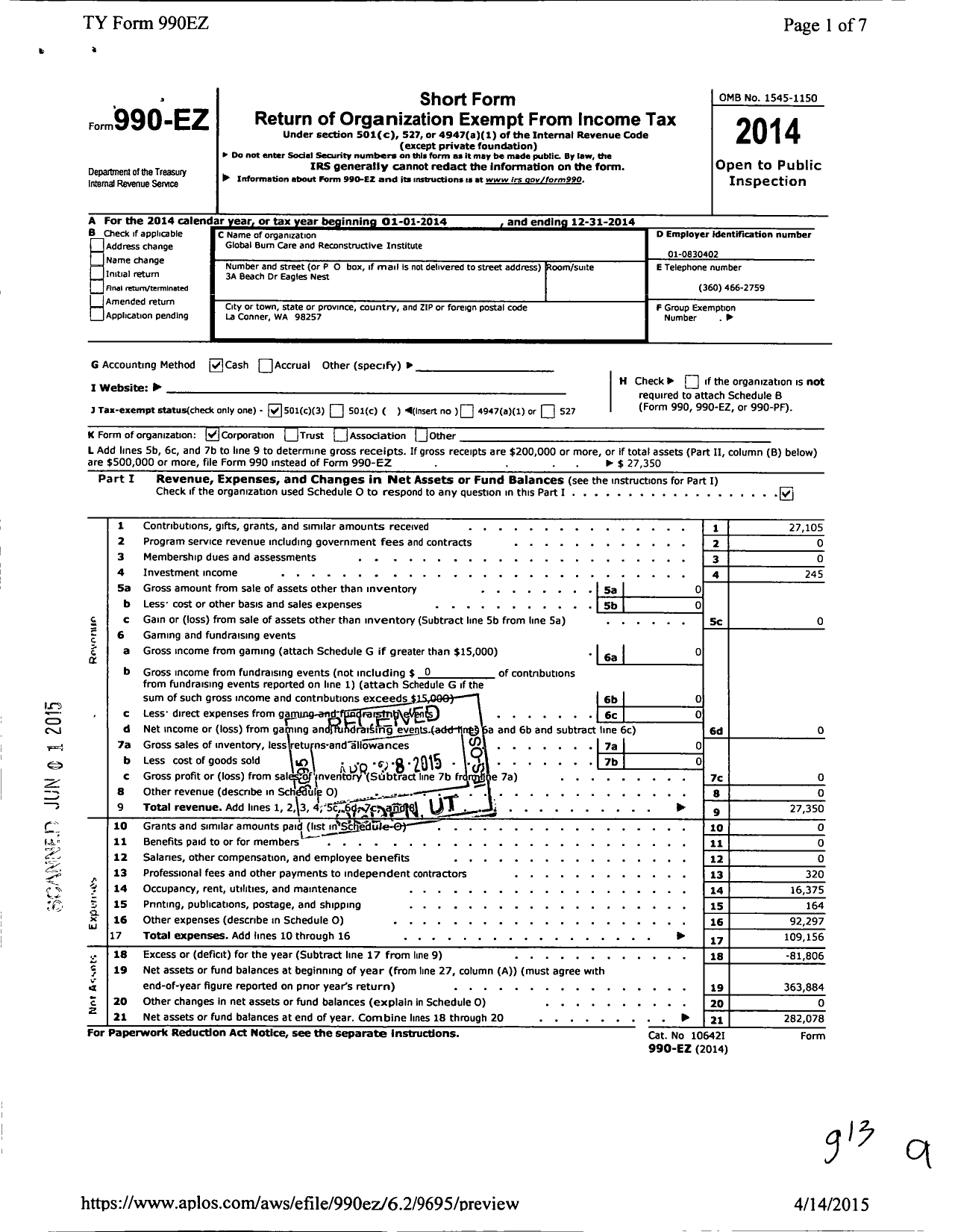 Image of first page of 2014 Form 990EZ for Global Burn Care and Reconstructive Institute