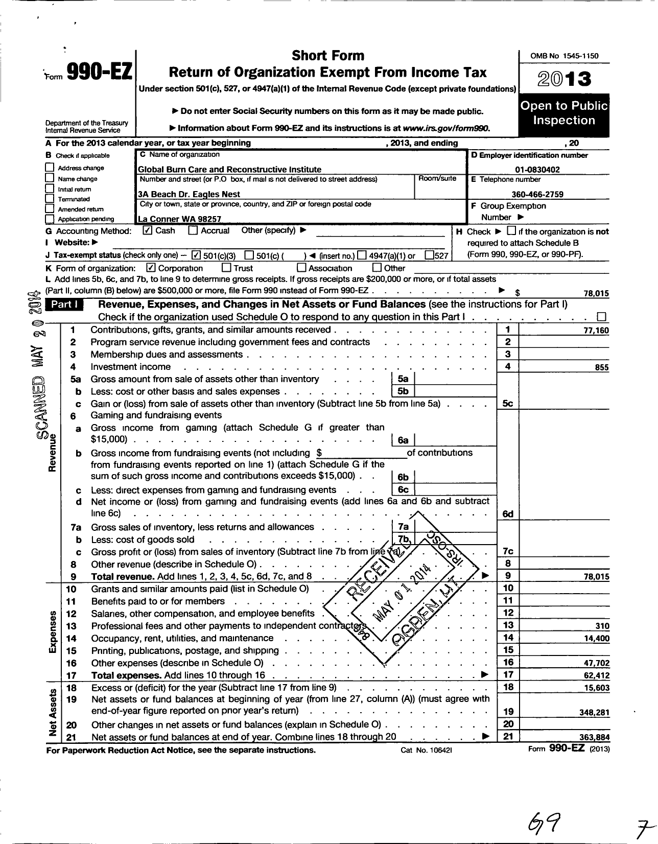 Image of first page of 2013 Form 990EZ for Global Burn Care and Reconstructive Institute