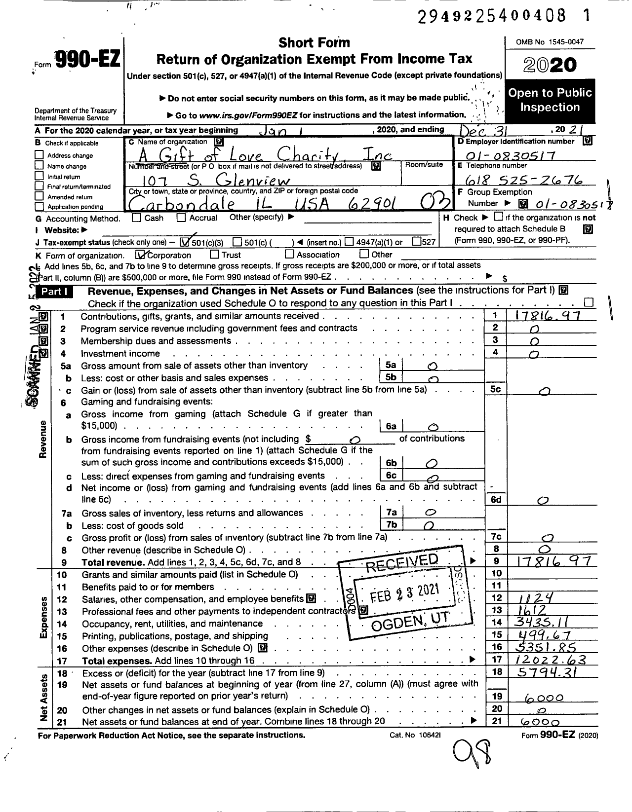 Image of first page of 2021 Form 990EZ for A Gift of Love Charity