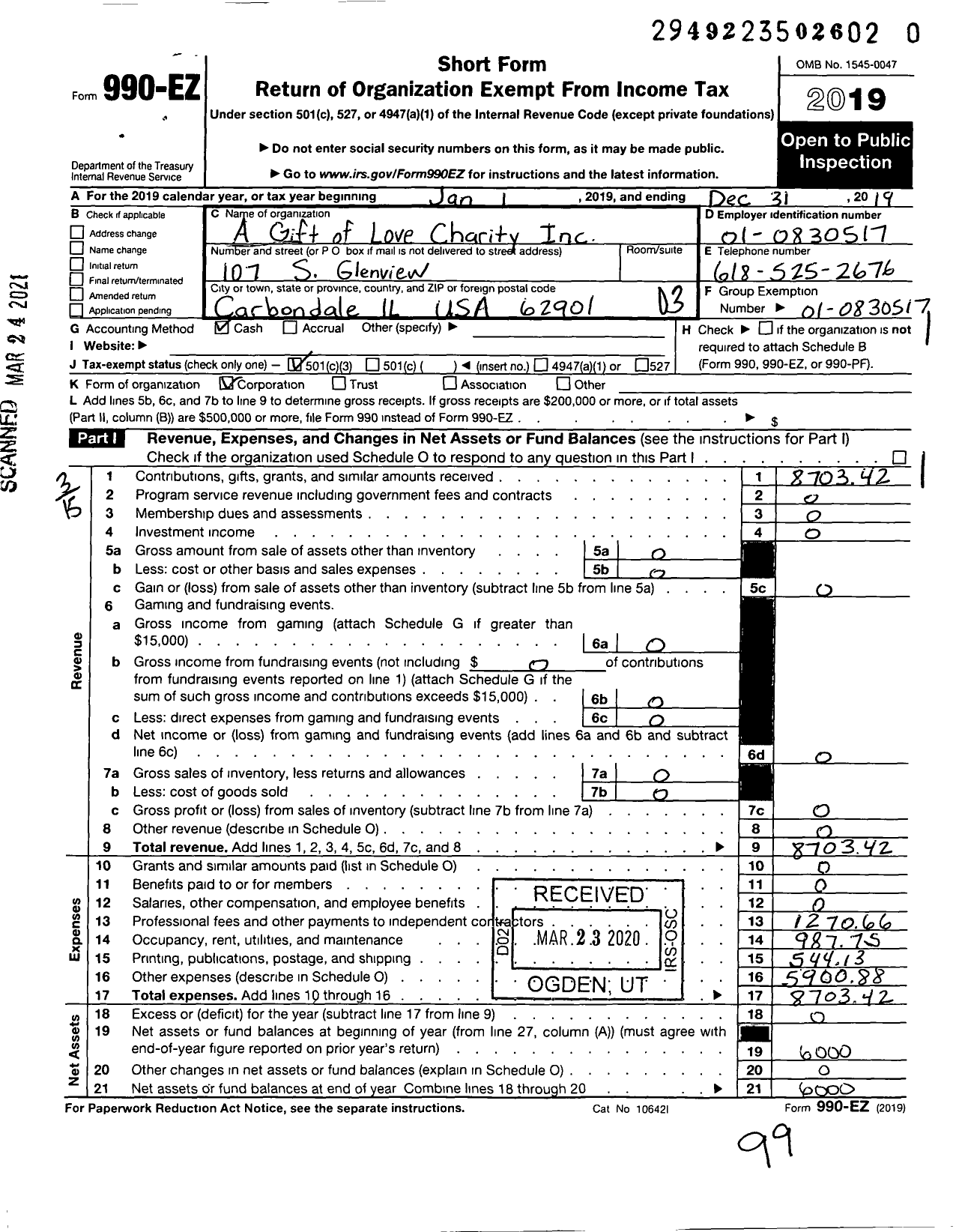 Image of first page of 2019 Form 990EZ for A Gift of Love Charity